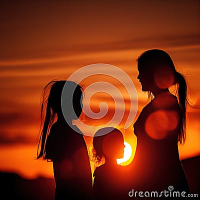 Warm Silhouette Family Portrait, Minimalist Design, Shot with Wide-Angle Lens, Made with Generative AI Stock Photo