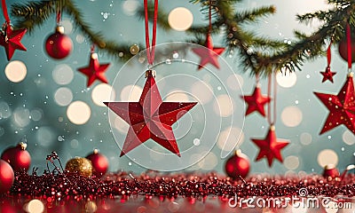 A red star ornament is hanging from a tree branch. Stock Photo