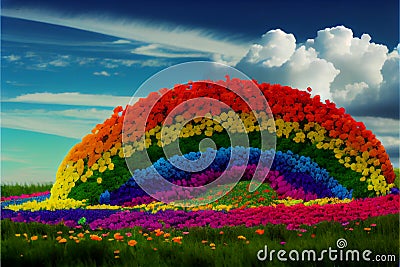 AI generated flowers shaped in a rainbow in a field with clouds on the background Stock Photo