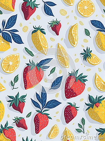 Ai generated a fruity pattern featuring strawberries, lemons, and cherries on a white backdrop Stock Photo