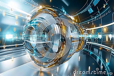 Futuristic AI data hub with transparent cylindrical structures and glowing lights, symbolizing data flow and technological adva Stock Photo