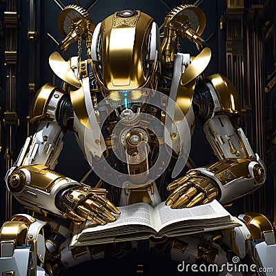 AI generated futuristic humanoid cyborg reading in library Stock Photo