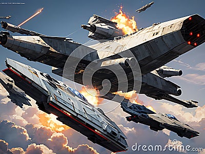 AI generated futuristic star wars style aircrafts in skies Stock Photo