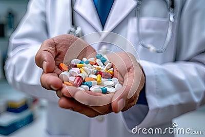 Pill medicals in old wrinkled hand. Vitamins prescription Thyroid Cancer Ayurvedic remedie health medical addiction care treatment Stock Photo