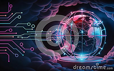 AI-generated, Globe with interconnected lines and dots, , Abstract, Technology, and Clouud Stock Photo