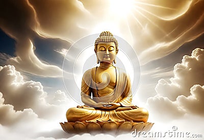 a golden buddha statue is sitting in the clouds with sun shining from the sky Stock Photo