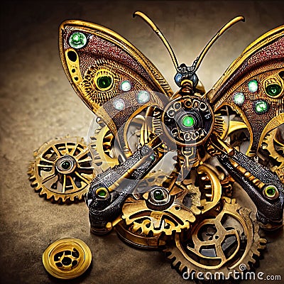 AI-generated golden steampunk clockwork butterfly Stock Photo