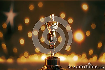 AI generated golden Ð¾scar Ð°cademy award statue replica at bokeh garland lights background Cartoon Illustration