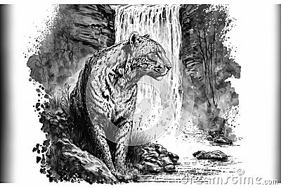 AI-generated grayscale illustration of a panther resting before the waterfall Cartoon Illustration