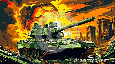 AI-Generated: Green Camo Army Tank in Intense Urban Warfare - Military Vector Illustration Cartoon Illustration