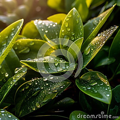 AI generated green shrub leaves with water drops Stock Photo