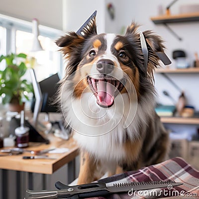 happy Australian Shepherd dog doing Haircut of with hair scissors from a grooming salon by AI generated Stock Photo