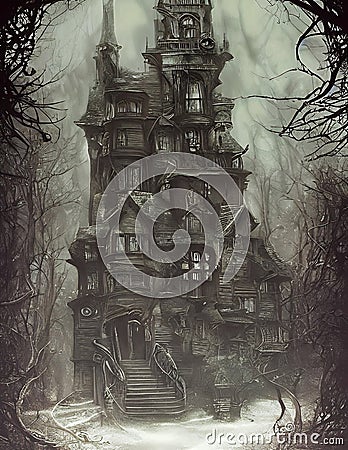 AI-generated Haunted Victorian House in a fog-shrouded landscape Stock Photo