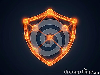 Abstract glowing orange network shield with interconnected nodes symbolizing cybersecurity, blockchain protection, and data sec Cartoon Illustration