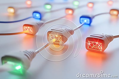 Close up of colorful glowing USB adapters symbolizing secure communication high speed data transmission and advanced digital in Cartoon Illustration