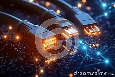 Close up of two glowing orange Ethernet cables plugged into a server symbolizing secure and high speed data connections Cartoon Illustration