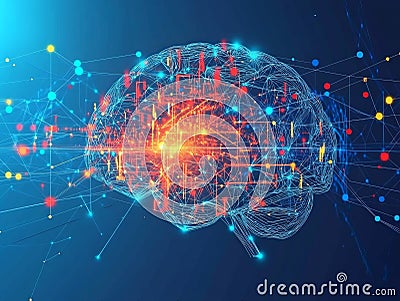 Digital glowing blue brain with intersecting neural networks and data streams symbolizing advanced AI and human cognitive resea Cartoon Illustration