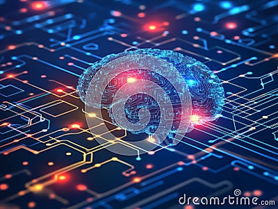 Digital representation of a glowing brain integrated with circuitry on a microchip symbolizing AI neural networks and advanced Cartoon Illustration