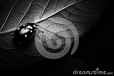 Monochrome macro image of a ladybug on a textured leaf artistic lighting highlighting intricate patterns vivid details and uniq Cartoon Illustration