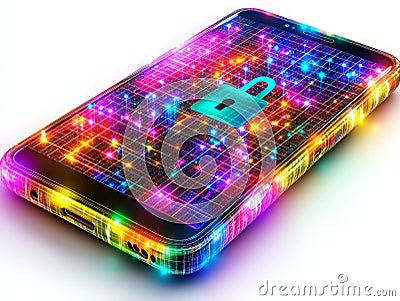 Smartphone with vibrant rainbow colored glowing pixels and a lock icon, symbolizing data encryption, virtual security, and adva Cartoon Illustration
