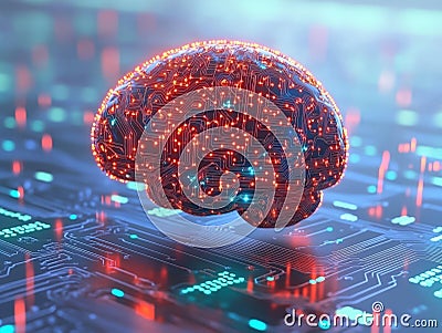 3D rendering of a red glowing brain in a cybernetic environment symbolizing futuristic neural engineering artificial intelligen Cartoon Illustration