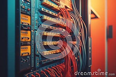 Rows of organized cables connected to a server symbolizing secure data management fast transmission and modern networking infra Cartoon Illustration