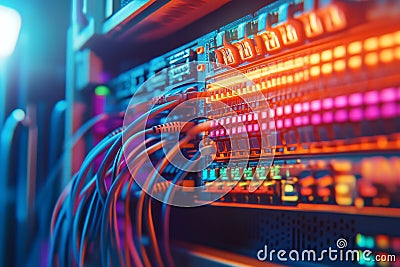 Server rack with glowing multicolored network cables visualizing high speed internet data transfer and organized network infras Cartoon Illustration