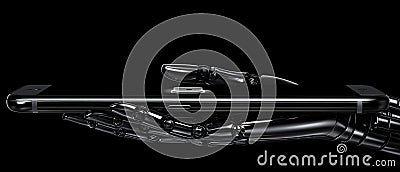 Sleek robotic arm extending towards a smartphone with a glowing green lock symbol, symbolizing advanced AI cybersecurity, autom Cartoon Illustration