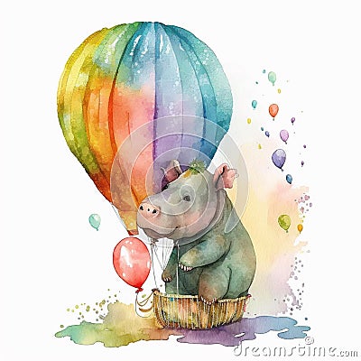 AI generated hippo sitting near balloon Stock Photo