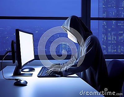 AI generated hooded Hacker breaks into data server Stock Photo