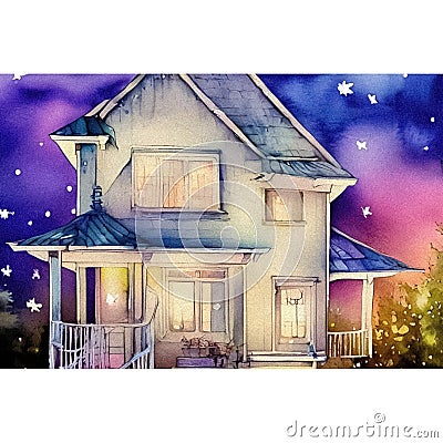 AI generated house under a starry night sky Stock Photo