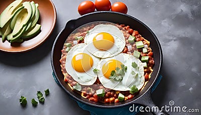 huevos rancheros with fried eggs in a skillet with tomatoes and avocado Stock Photo