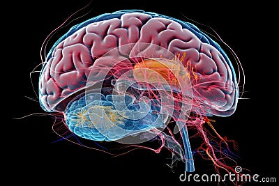 Human Mind Brain neurons Neuroplasticity via axons & dendrites. Synapses neurotransmitter. Neural Brain Axon, ion channels, Myelin Stock Photo