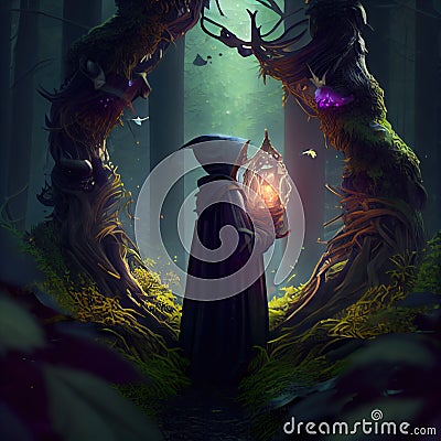 Enchanted Forest Spellcasting with Hyperrealistic Witch, Made with Generative AI Stock Photo