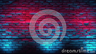 Illuminated brick wall with a vivid neon light gradient from blue to red, creating a dynamic and modern textured background Stock Photo