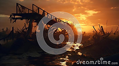 AI-generated illustration of an abandoned bridge lit up by the setting sun Cartoon Illustration