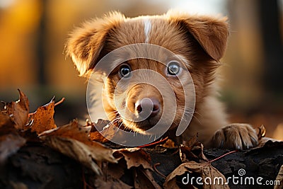 AI generated illustration of abrown-furred canine stands in a pile of fallen leaves, looking upwards Cartoon Illustration