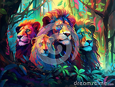 AI generated illustration of an abstract painting of three lions in a lunch rainforest Cartoon Illustration