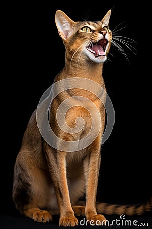 AI generated illustration of an Abyssinian cat with its mouth wide open in a yawning pose Cartoon Illustration