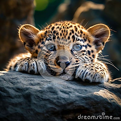 AI-generated illustration of An adorable baby leopard resting serenely atop a large rock Cartoon Illustration