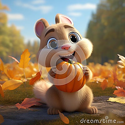 AI generated illustration of an adorable cartoon squirrel holding a bright orange pumpkin Cartoon Illustration