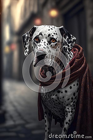 an adorable dalmatian sitting in an alley way in the night Cartoon Illustration