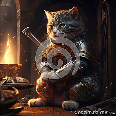 AI generated illustration of an adorable fluffy cat in a suit of armor Cartoon Illustration