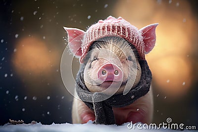 AI generated illustration of an adorable furry piglet in a pink hat and a scarf in winter Cartoon Illustration