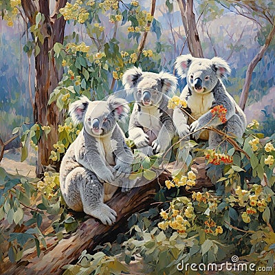AI generated illustration of adorable koalas on a tree adorned with vibrant colorful flowers Cartoon Illustration