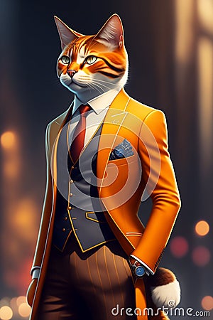 AI generated illustration of An adorable orange-clad cat in a suit. Cartoon Illustration