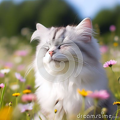 Adorable white cat is basking in the sunshine in a picturesque field of multicolored flowers Cartoon Illustration