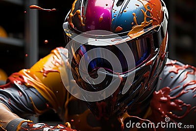 AI generated illustration of an adventurous bike rider covered in paint splashes Cartoon Illustration