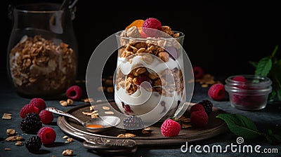 AI generated illustration of a yogurt topped with crunchy granola and fresh berries Cartoon Illustration