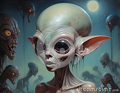 AI generated illustration of an alien amidst a multitude of extraterrestrials Cartoon Illustration